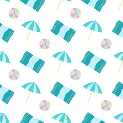 summer beach seamless pattern with towel and umbrella