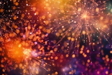Fototapeta premium Colorful fireworks at New Year and copy space abstract holiday background elegant glitter confetti.