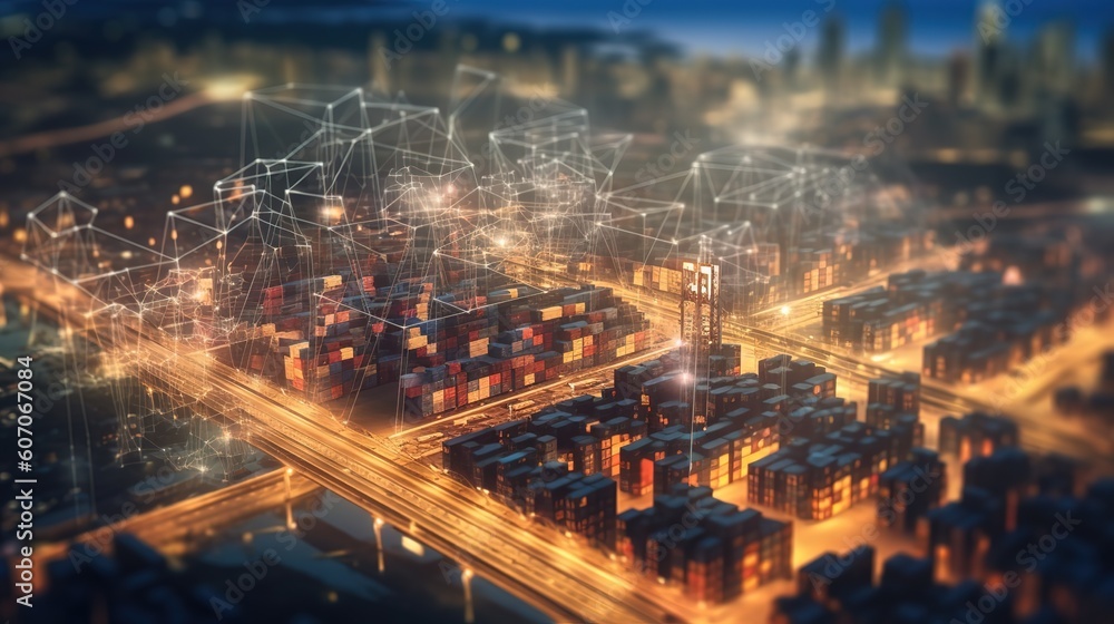 Aufkleber The concept of a wireless network and connectivity technology with an abstract city background. Futuristic innovative technologies. Generative AI