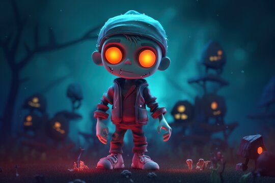 Cute cartoon character little zombie on graveyard in spooky death Forest At Halloween Night.
