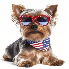 A Yorkie Dog Wearing Patriotic Red Sunglasses and a Red White and Blue American Flag Bandana for 4th of July or Memorial Day