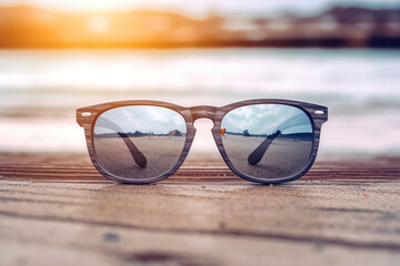 Fototapeta na wymiar A sunglass on wooden board on blur beach with bokeh background.