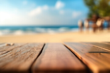 Fototapeta na wymiar Selective focus on wooden board isolated on blur summer beach with bokeh background.
