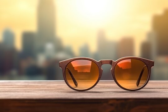 A sunglass on wooden board on blur beach with bokeh background.