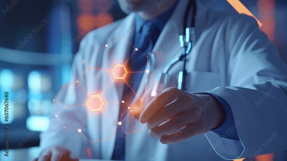 Poster the doctor of medical sciences works in a laboratory with a biological apparatus for analysis and sa