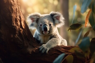 Fototapeta premium Nature's Acrobats: Adorable Koala Scaling a Tree with Ease
