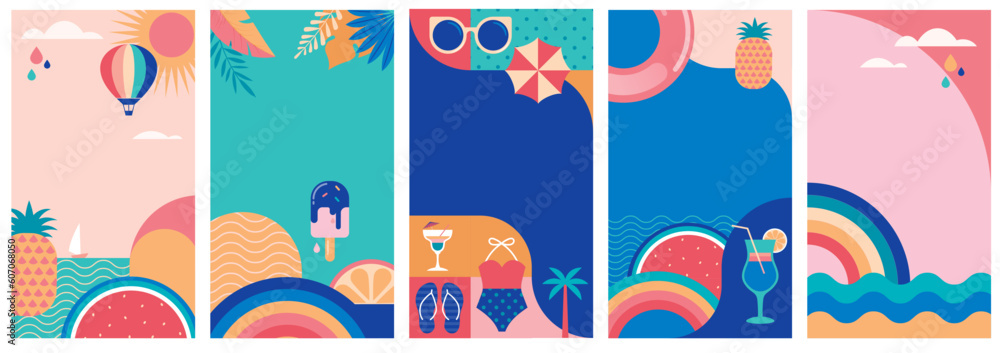 Wall mural Vertical social media summer stories geometric design templates with copy space for text. Backgrounds for banner, greeting card, poster and advertising - summertime vibes concept.