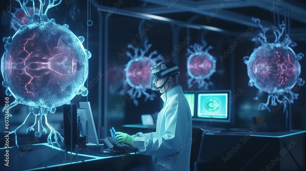 Aufkleber the doctor of medical sciences works in a laboratory with a biological apparatus for analysis and sa