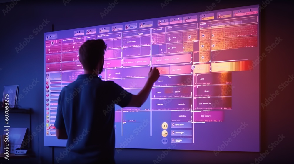 Poster Project manager's pen and computer user interface management skills with icons for scheduling tasks and results.Futuristic innovative technologies. Generative AI
