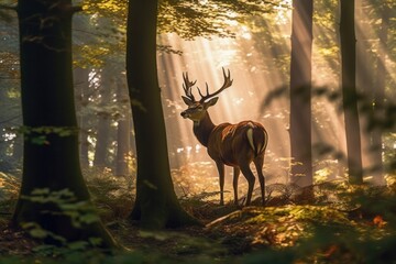 Serene Forest Encounter: Majestic Deer Roaming Among the Trees