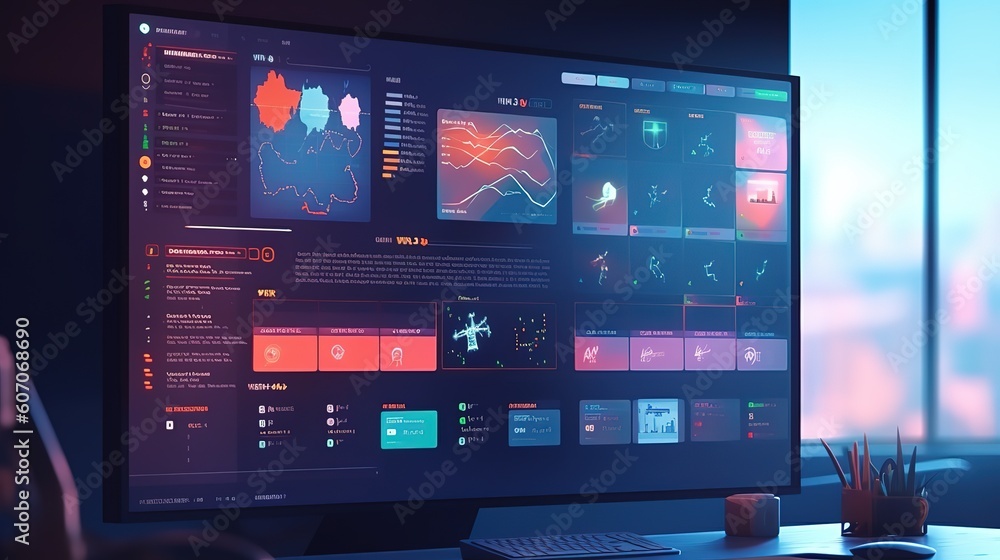 Poster Project manager's pen and computer user interface management skills with icons for scheduling tasks and results.Futuristic innovative technologies. Generative AI