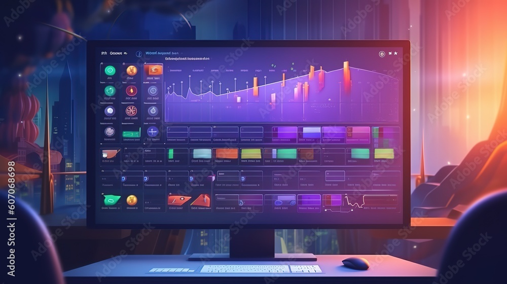Poster Project manager's pen and computer user interface management skills with icons for scheduling tasks and results.Futuristic innovative technologies. Generative AI