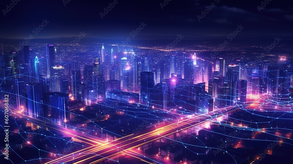 Aufkleber The concept of a wireless network and connectivity technology with an abstract city background. Futuristic innovative technologies. Generative AI