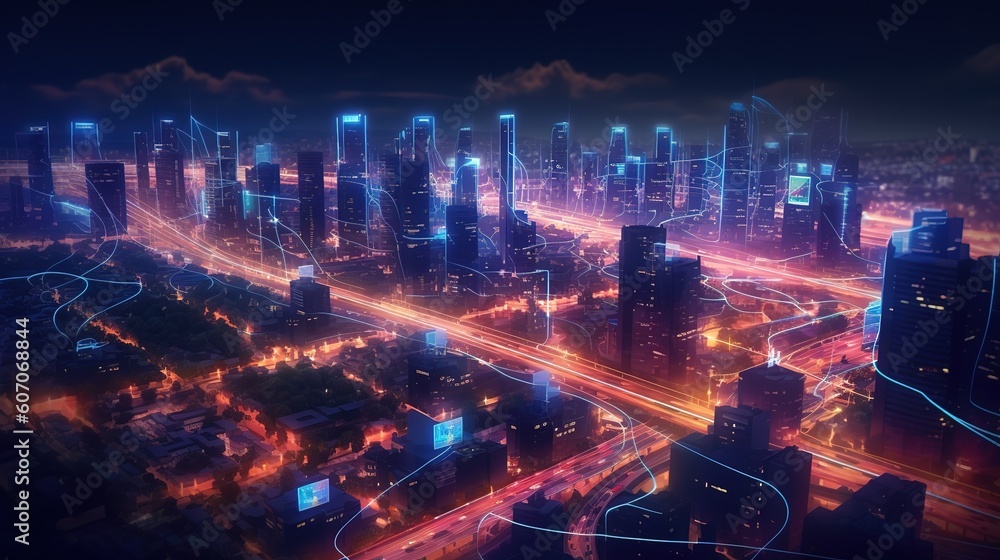 Aufkleber The concept of a wireless network and connectivity technology with an abstract city background. Futuristic innovative technologies. Generative AI