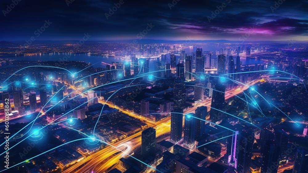 Aufkleber The concept of a wireless network and connectivity technology with an abstract city background. Futuristic innovative technologies. Generative AI