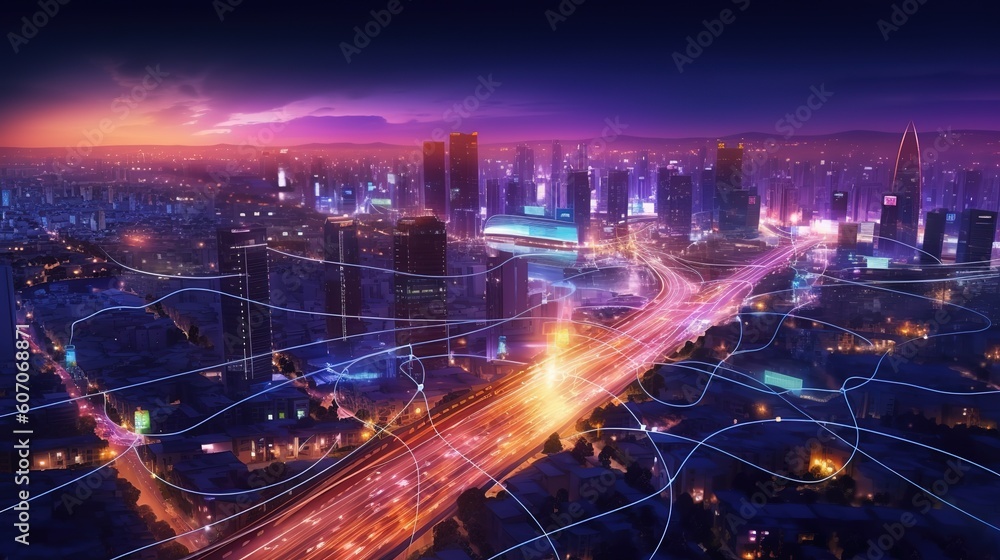 Aufkleber The concept of a wireless network and connectivity technology with an abstract city background. Futuristic innovative technologies. Generative AI