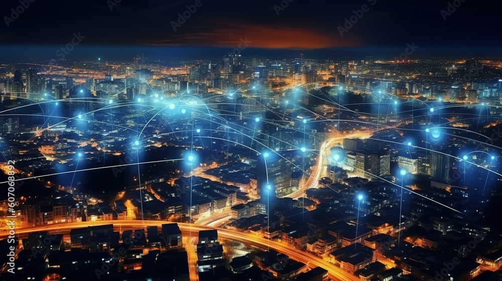 Aufkleber The concept of a wireless network and connectivity technology with an abstract city background. Futuristic innovative technologies. Generative AI
