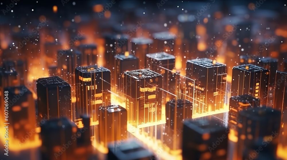 Poster the concept of a wireless network and connectivity technology with an abstract city background. futu
