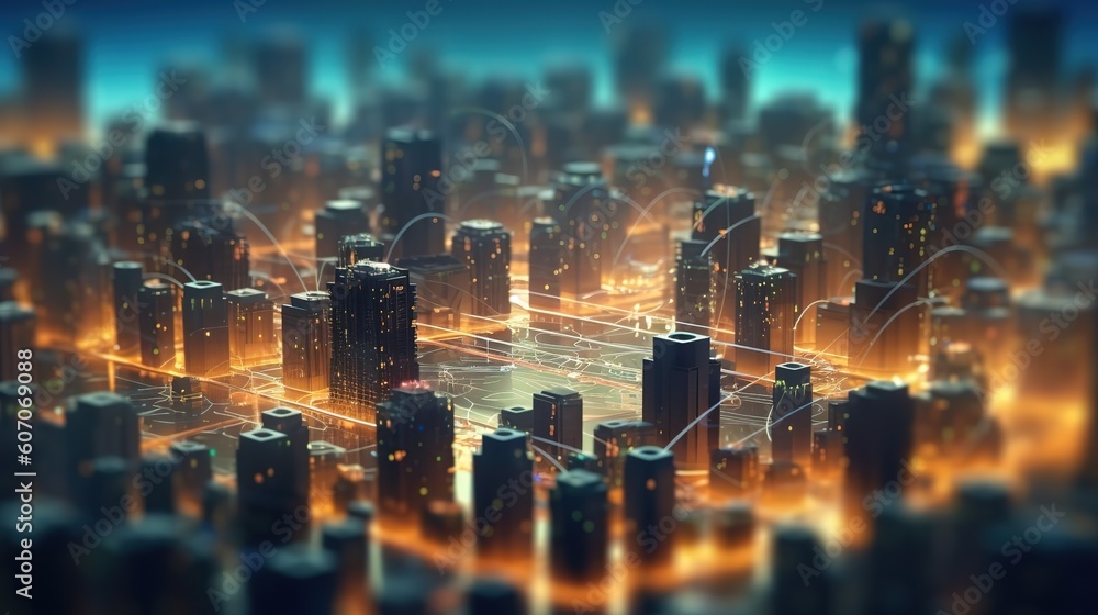 Poster the concept of a wireless network and connectivity technology with an abstract city background. futu