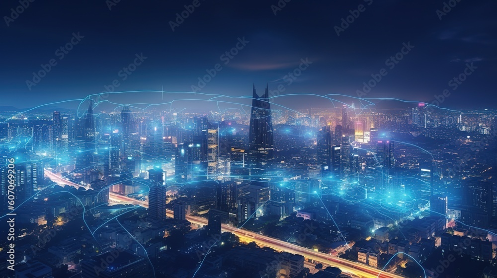 Poster the concept of a wireless network and connectivity technology with an abstract city background. futu