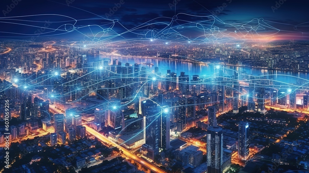 Poster the concept of a wireless network and connectivity technology with an abstract city background. futu