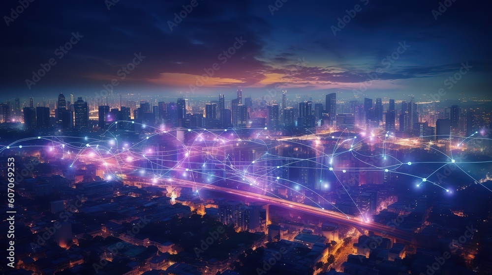 Poster the concept of a wireless network and connectivity technology with an abstract city background. futu