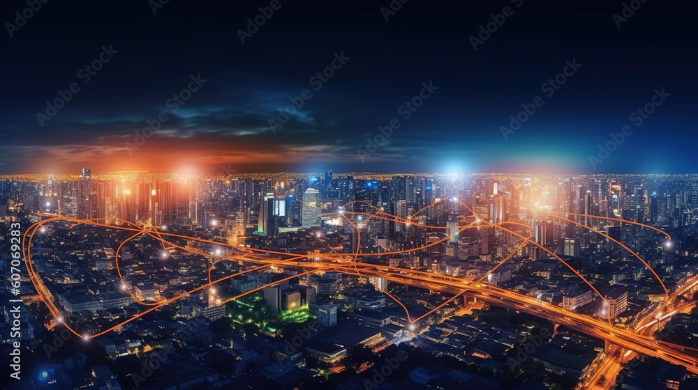Poster the concept of a wireless network and connectivity technology with an abstract city background. futu