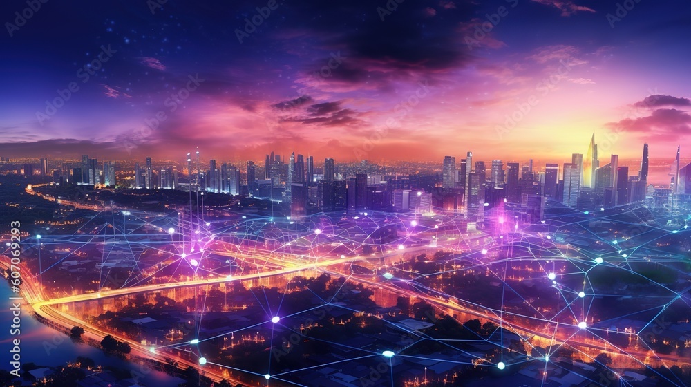 Poster the concept of a wireless network and connectivity technology with an abstract city background. futu