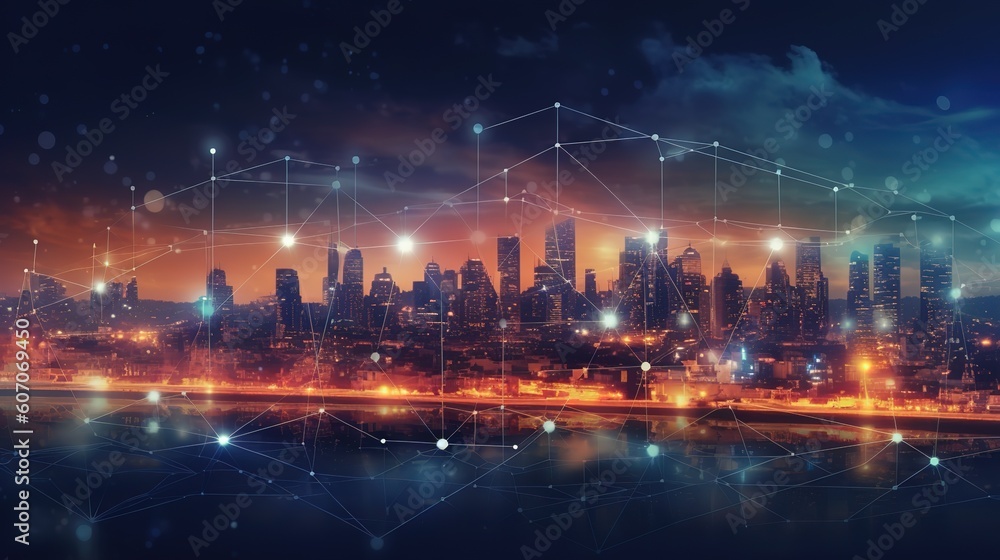 Aufkleber The concept of a wireless network and connectivity technology with an abstract city background. Futuristic innovative technologies. Generative AI