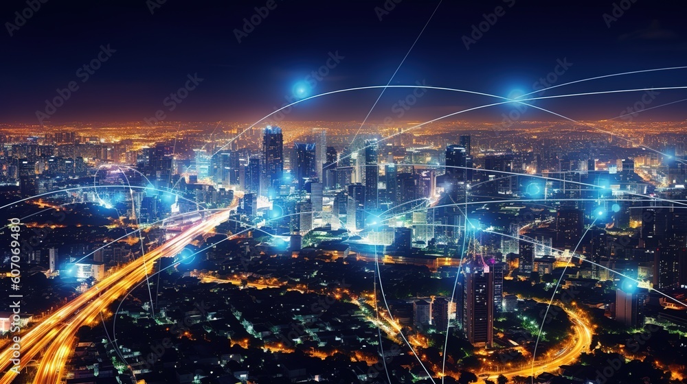 Aufkleber The concept of a wireless network and connectivity technology with an abstract city background. Futuristic innovative technologies. Generative AI