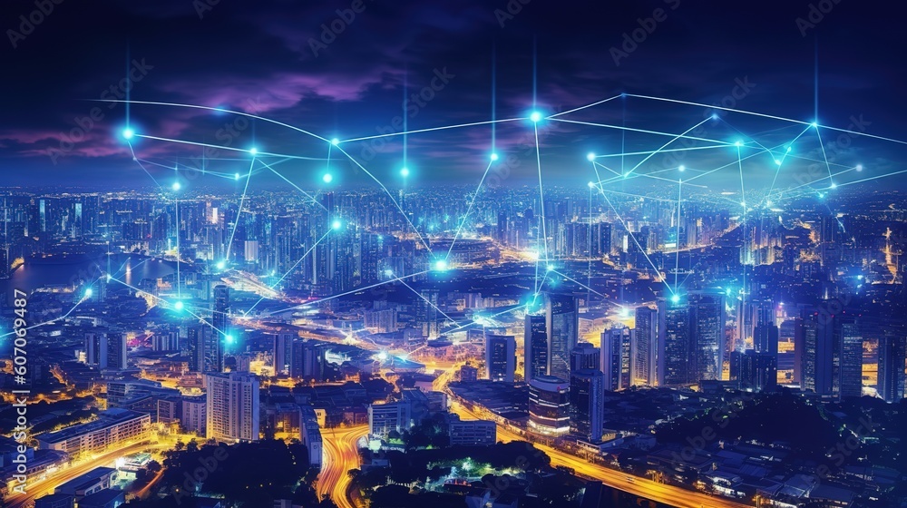 Poster the concept of a wireless network and connectivity technology with an abstract city background. futu