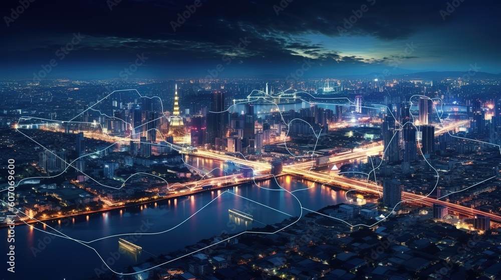 Aufkleber The concept of a wireless network and connectivity technology with an abstract city background. Futuristic innovative technologies. Generative AI