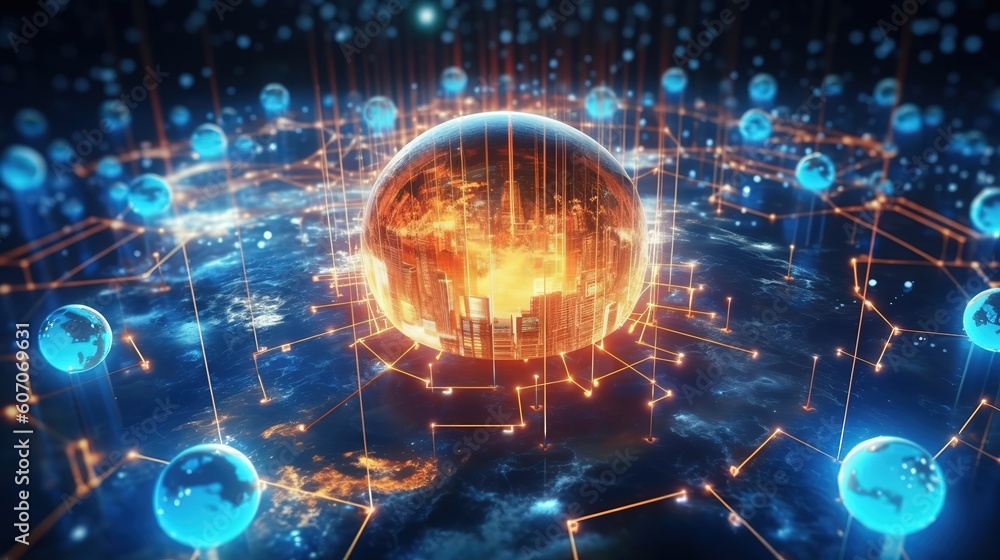 Aufkleber Telecommunications network and wireless mobile Internet technology with a connection on the ground.Futuristic innovative technologies. Generative AI