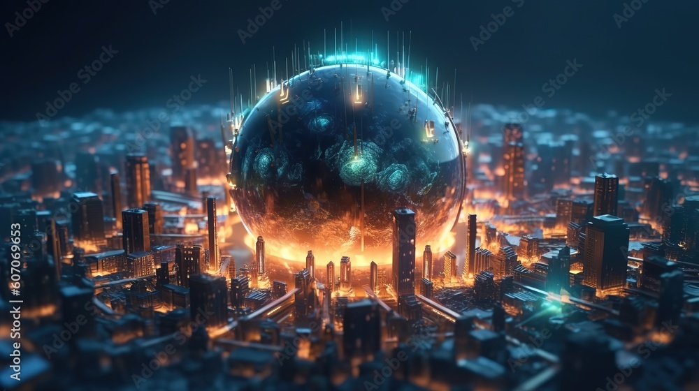Aufkleber Telecommunications network and wireless mobile Internet technology with a connection on the ground.Futuristic innovative technologies. Generative AI