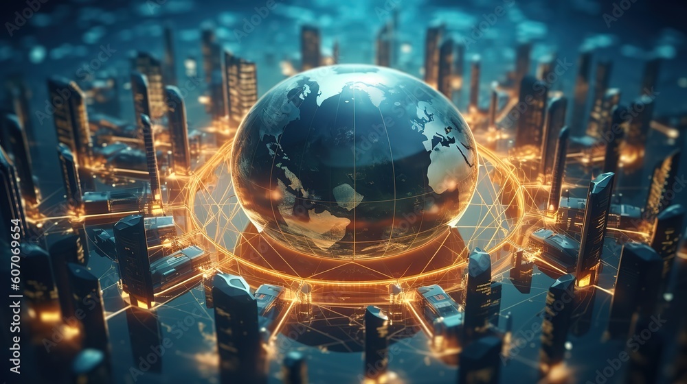 Aufkleber Telecommunications network and wireless mobile Internet technology with a connection on the ground.Futuristic innovative technologies. Generative AI