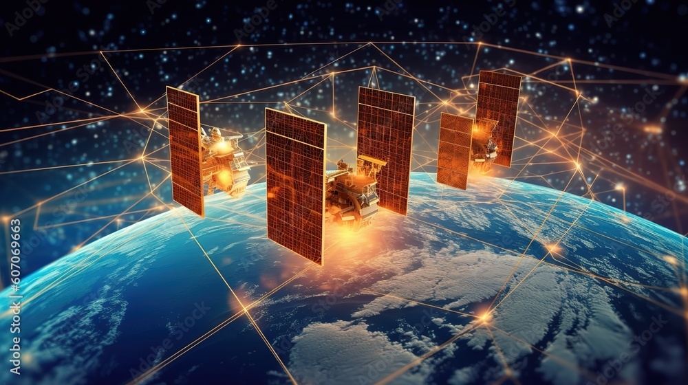 Aufkleber Telecommunications network and wireless mobile Internet technology with a connection on the ground.Futuristic innovative technologies. Generative AI