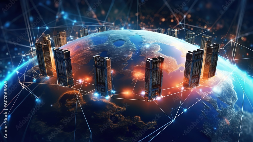 Aufkleber Telecommunications network and wireless mobile Internet technology with a connection on the ground.Futuristic innovative technologies. Generative AI