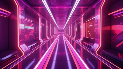 Futuristic underground corridor with colorful lights Generative AI