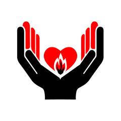Icon hands holding heart on white background. Symbol medical and care. Logo give love. Valentines day logotype.