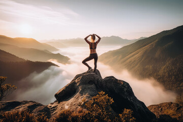 Athletic Woman Practicing Yoga on a Scenic Mountain Top at Sunrise extreme closeup. Generative AI