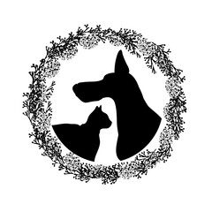 Silhouette of a dog and a cat in a flower wreath. The logo of the pet store circle.