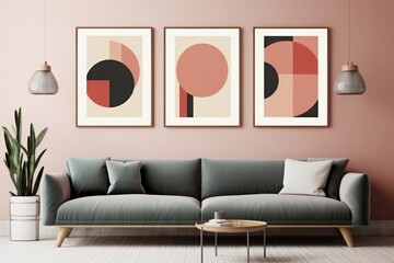 Set of three geometric paintings, abstract art, creative minimalism, hand drawn illustration, vector, for wall decor, wallpaper, poster, card, mural, carpet, hanging, print. Generative Ai