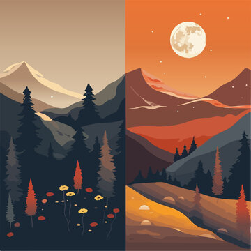 Vector illustration of mountains landscape with sunset sky and sunrise sky, day and night, evening and morning in monochrome color minimalistic style.
