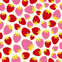 Seamless pattern of juicy, fresh strawberries in contemporary style. Vector seamless pattern with pink and red strawberies.	