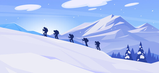 Group of mountaineers climbing a snowy mountain. Beautiful landscape background with silhouettes of climbers hiking on a peak. Winter travel and adventure concept. Cartoon vector illustration.