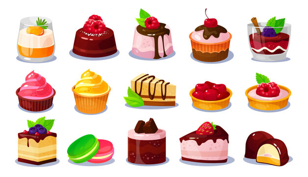 Set of realistic pastry and dessert icons isolated on white background for game design. Tasty sweets for game collection: ice cream, macaroon, muffin, pudding, cake. Cartoon vector illustration.