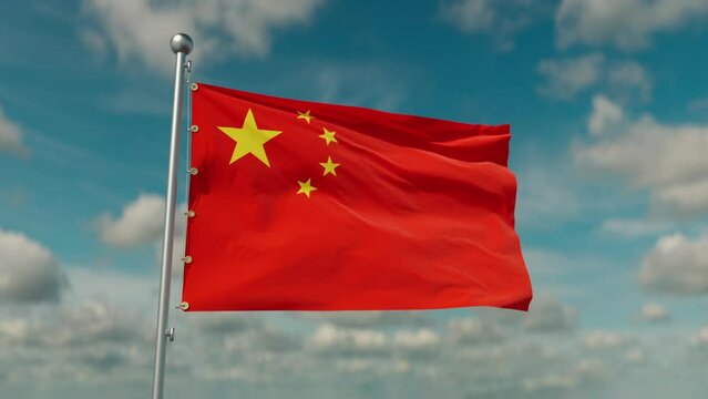 The flag of China flutters in the gentle wind, the camera flies around it. sunny day.