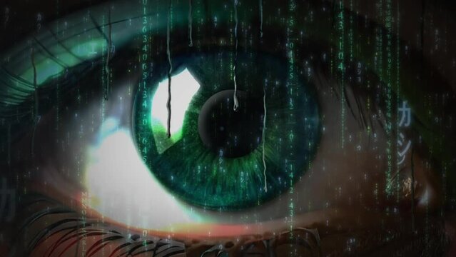 Green Particle Eye 4K Background features a green eye with particles flying around in the iris and text and numbers streaming down as the eye gets closer to the viewer.
