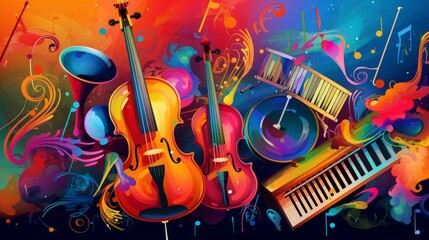 Assorted  collage of different colorful musical instruments and music notes. Guitar keyboard Brass percussion studio music concept. Generative AI. - obrazy, fototapety, plakaty