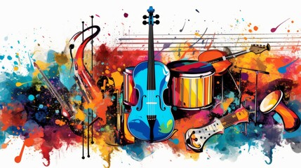 Assorted  collage of different colorful musical instruments and music notes. Guitar keyboard Brass percussion studio music concept. Generative AI.